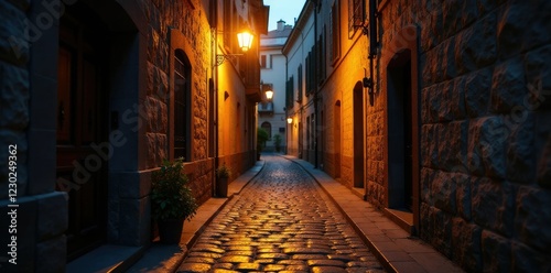 Cobblestone passageway bathed in warm golden light from the single streetlamp above, streetlamp, alleyway