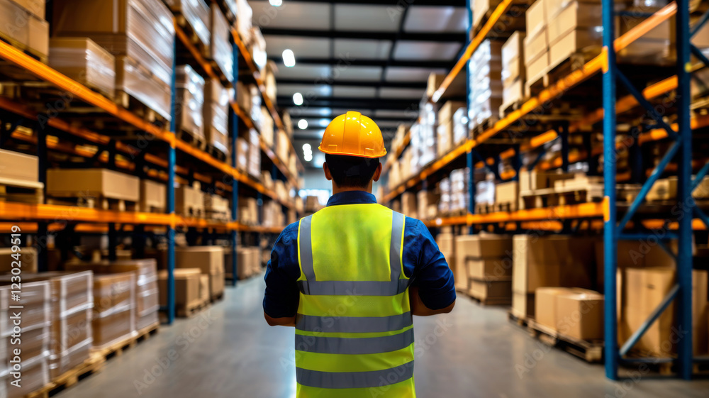 Warehouse worker inspecting shelves filled with packed boxes. Man in safety vest working in a warehouse. Warehouse worker inspecting shelves filled with packed boxes. Man in safety vest working in a warehouse.