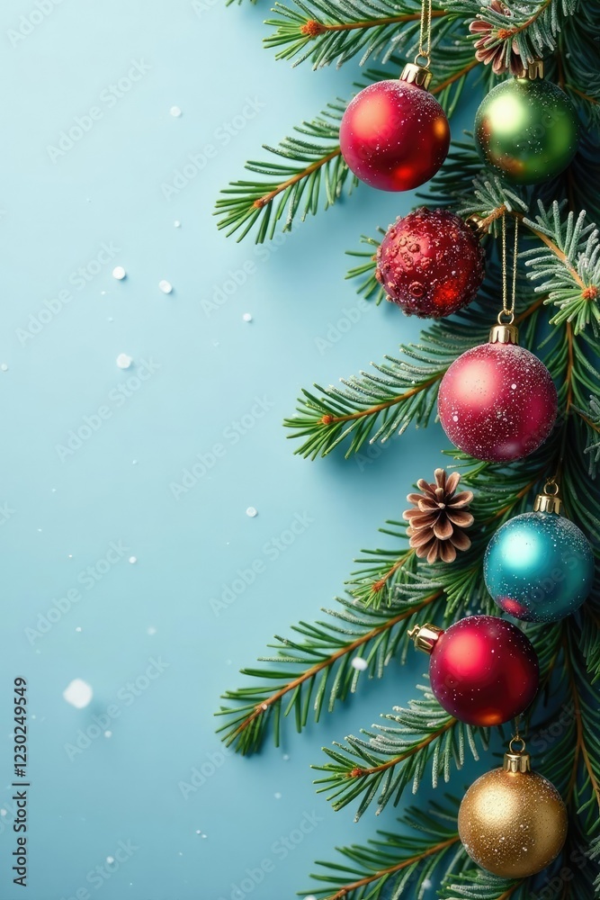 Colorful baubles and pinecones on a frosted pine garland, garland, refined, winter Colorful baubles and pinecones on a frosted pine garland, garland, refined, winter