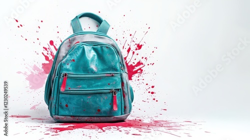 Vibrant Turquoise Backpack Surrounded by Bold Red Paint Splashes on White Background Capturing Artistic Chaos and Youthful Spirit