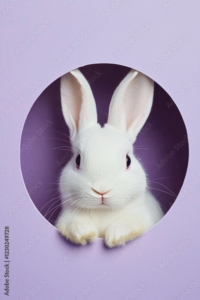 Obraz premium White rabbit peering through a circular cutout on pastel background