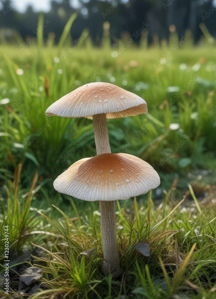 Single Coprinus mushroom with beiges and grays growing in grass, single mushroom, fungal growth Single Coprinus mushroom with beiges and grays growing in grass, single mushroom, fungal growth