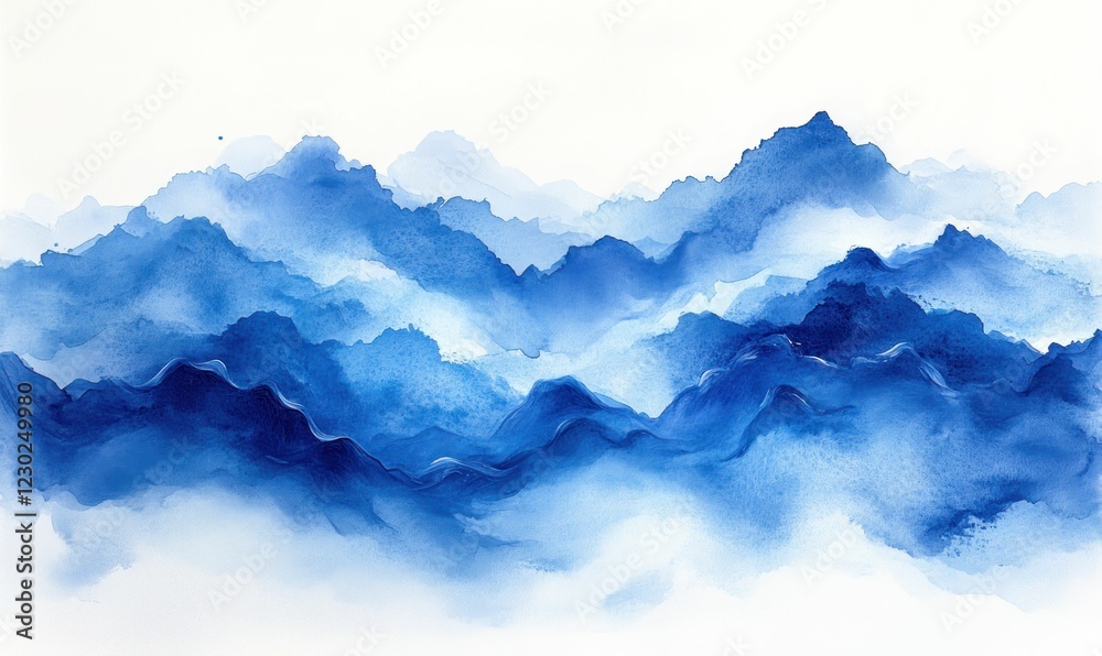 Fototapeta premium Serene blue mountain watercolor landscape art