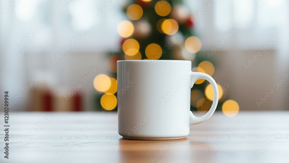 Fototapeta premium Mug mockup, white coffee mug on wooden table with bokeh lights background for advertising photography. Generative Ai