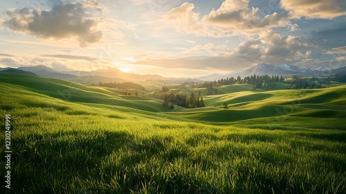 Breathtaking panoramic view of an idyllic green countryside landscape with rolling hills pine forests and majestic mountains in the distance