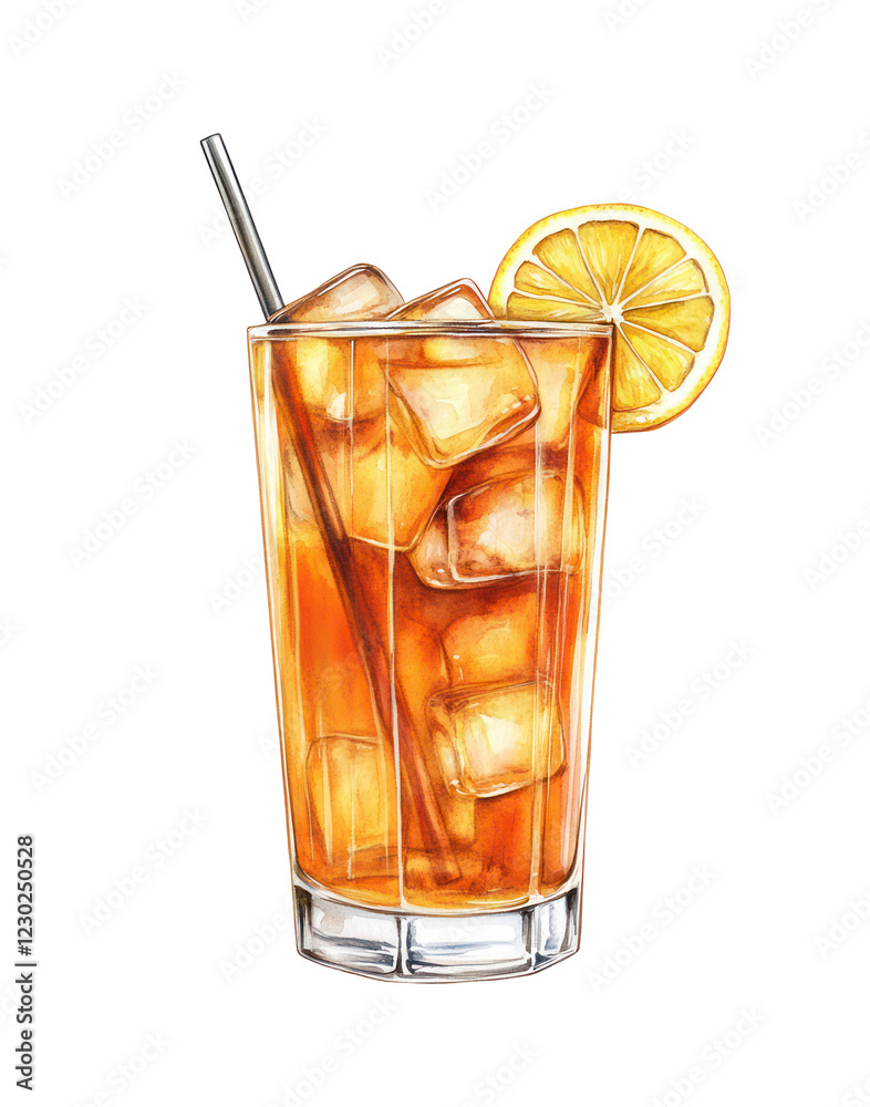 PNG glass of iced tea Long Island cocktail with lemon slice, mint, and ice cubes. Watercolor illustration of a refreshing summer drink PNG glass of iced tea Long Island cocktail with lemon slice, mint, and ice cubes. Watercolor illustration of a refreshing summer drink
