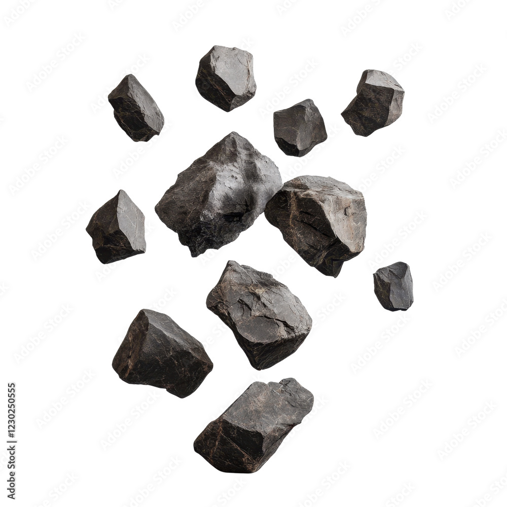 Naklejka premium Assorted Dark Stones and Rocks on a White Background