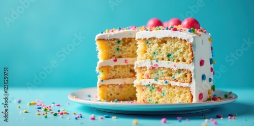 Wallpaper Mural Multicolored birthday cake with bright sprinkles, blue backdrop, perfectly cut slice , colorful, delicious Torontodigital.ca