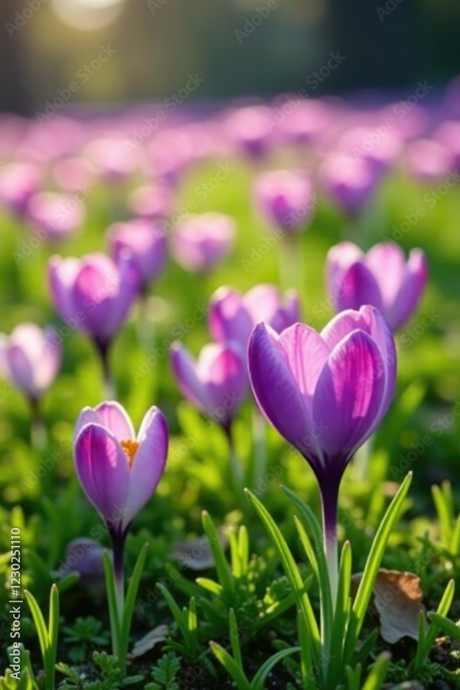 Crocus field with blooming flowers and green grass, garden, grass Crocus field with blooming flowers and green grass, garden, grass