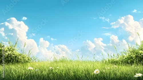 Breathtaking and serene landscape of a vast meadow with lush green grass under a clear blue sky with wispy white clouds  This idyllic natural setting exudes a peaceful and tranquil atmosphere
