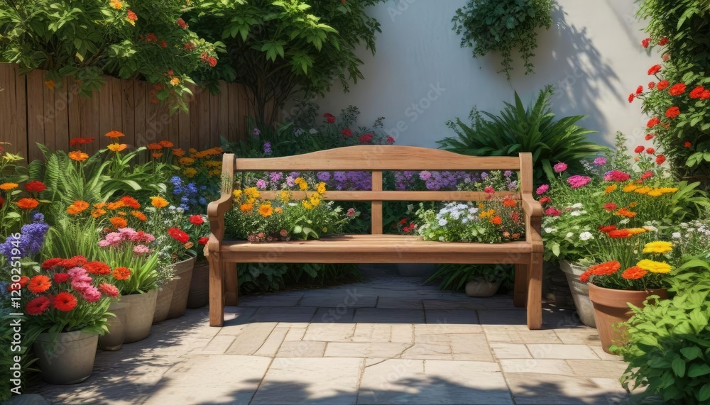 Obraz premium Lush greenery and colorful flowers surround a wooden bench in a bright sunny garden corner, wooden bench, bright sunlight, botanical garden