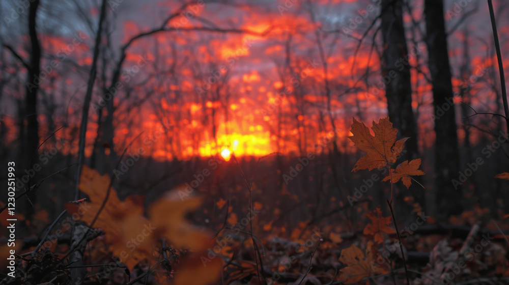 peaceful dusk setting with vibrant orange sky and autumn leaves peaceful dusk setting with vibrant orange sky and autumn leaves