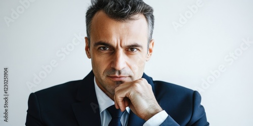 Thoughtful businessman dressed in a suit with hand on his chin, looking to the side, suggesting deep contemplation or strategic thinking. photo