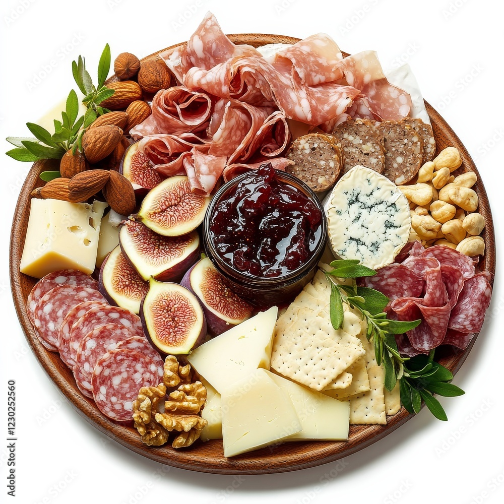 A platter of assorted cheese and charcuterie with fig jam and nuts, isolated white background, impressionist art style A platter of assorted cheese and charcuterie with fig jam and nuts, isolated white background, impressionist art style