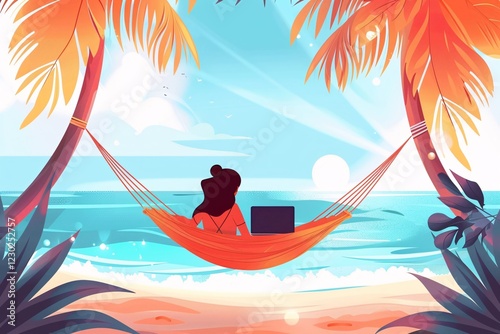 A person enjoys relaxation in a hammock on a sandy beach as the sun sets over the ocean