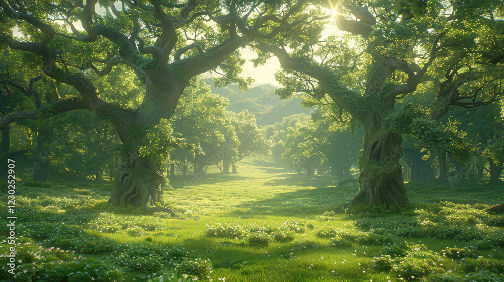 Fototapeta premium serene forest scene at dusk, with sunlight filtering through lush trees, creating peaceful atmosphere