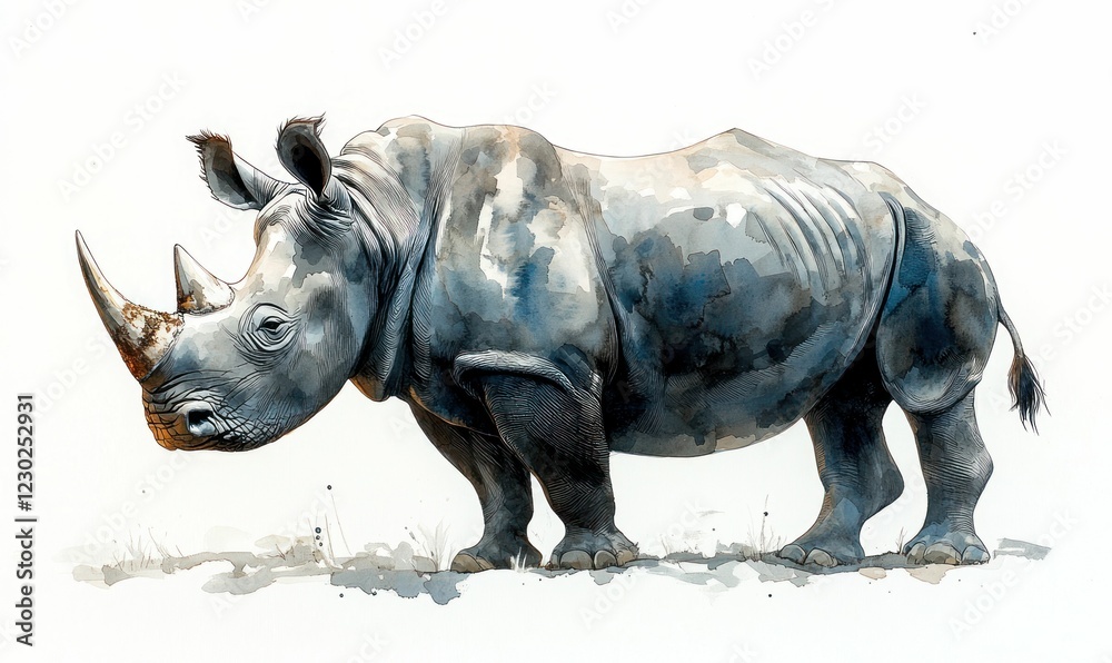 Obraz premium Majestic rhino watercolor painting, powerful stance, serene.