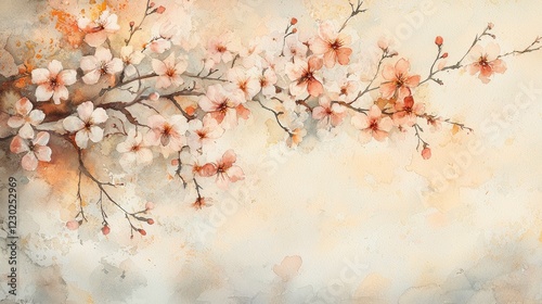 Delicate Cherry Blossom Branch with Soft Pastel Watercolor Background