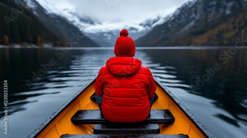 Solitude on the Lake: A solitary figure in a vibrant red jacket rows a wooden canoe across a tranquil mountain lake, surrounded by a breathtaking backdrop of snow-capped peaks and autumnal foliage.