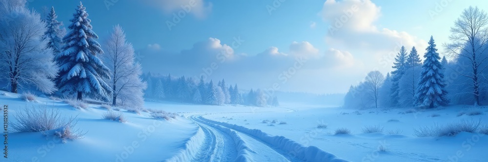 Frosty blue tones dance across the winter sky, frosty landscape, bluish hue, wintery scene Frosty blue tones dance across the winter sky, frosty landscape, bluish hue, wintery scene