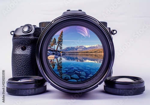 Camera Lens Capturing a Mountain Lake Landscape