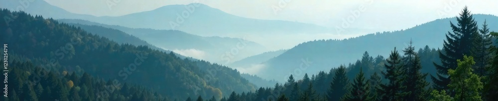 Obraz premium misty forest with fog rolling in from the distance, serene, natural
