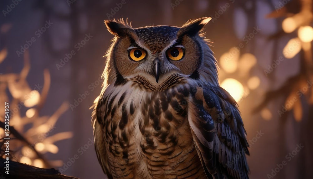Softly glowing owl's feathers against the soft glow of twilight , snowy tree, forest at dusk, winter bird photography Softly glowing owl's feathers against the soft glow of twilight , snowy tree, forest at dusk, winter bird photography