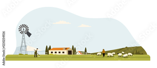 Idyllic farm landscape with farmers working, sheep grazing, a windmill providing power, and a farmhouse in the background depicting a sustainable and traditional agricultural scene