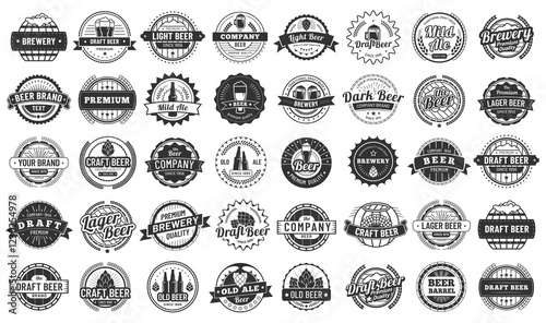 Big set of vintage monochrome brewing company logo templates with beer glass, hop, barrel and bottle for bar, pub, brewery, restaurant and beerhouse