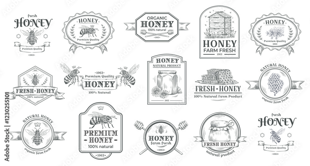 Collection of vintage, hand drawn honey, bee, and beehive emblems, showcasing a retro design aesthetic suitable for branding and labeling of honey products