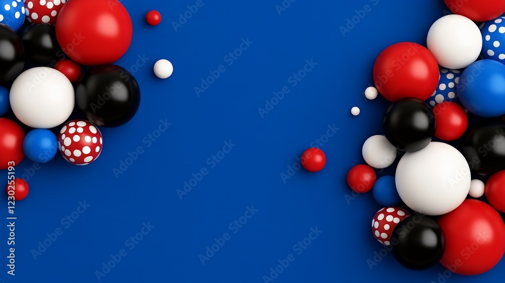 Abstract Colorful Spheres: A playful and modern design featuring vibrant red, blue, black, and white spheres clustered on a striking blue background. Abstract Colorful Spheres: A playful and modern design featuring vibrant red, blue, black, and white spheres clustered on a striking blue background.