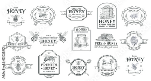 Collection of vintage, hand drawn honey, bee, and beehive emblems, showcasing a retro design aesthetic suitable for branding and labeling of honey products