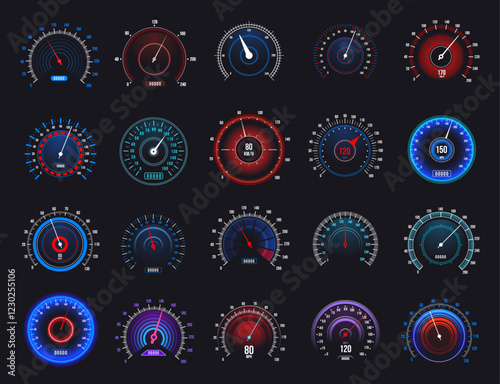 Set of speedometers and tachometers with different colors and values, measuring speed, distance, and engine rotations per minute on a vehicle s dashboard