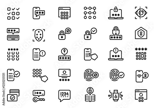 Set of password and security line icons illustrating various user authentication methods like typing passwords, using pin codes, and biometric scans, emphasizing data protection