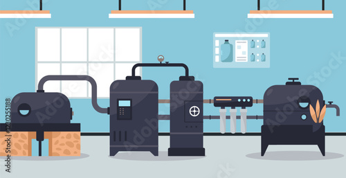 Water purification process taking place in a water treatment plant, featuring advanced machinery and technology for ensuring clean and safe drinking water production