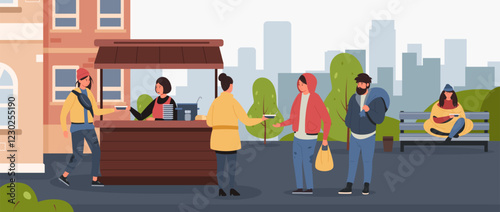 Volunteers serving hot meals from a food stall to homeless and low income individuals waiting in line in a bustling city park, fostering community support and kindness