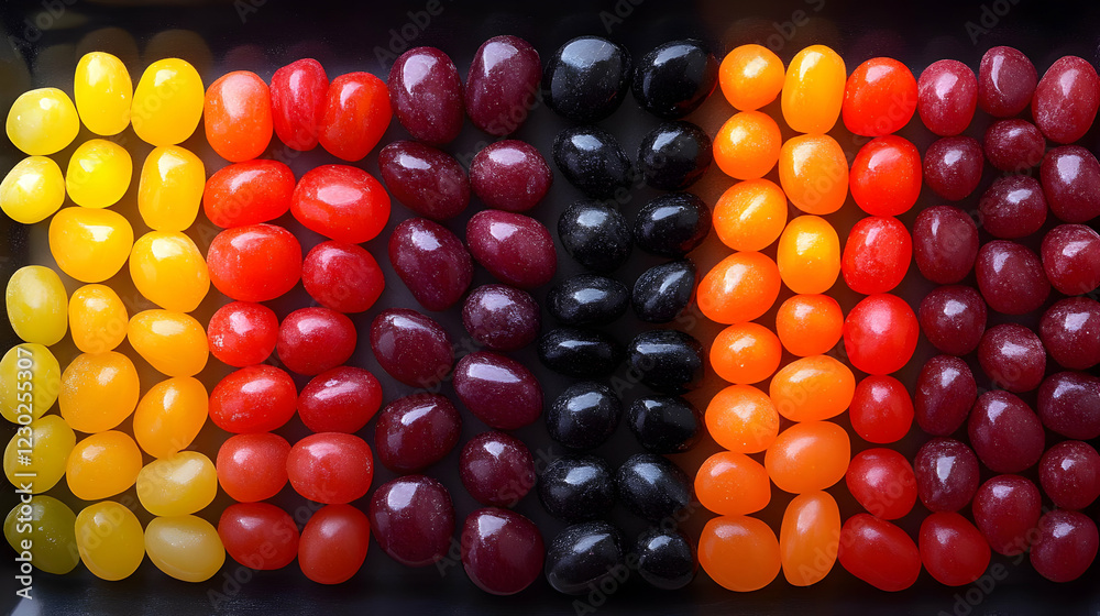 Colorful Jelly Beans Arranged in Rows on Dark Background Colorful Jelly Beans Arranged in Rows on Dark Background