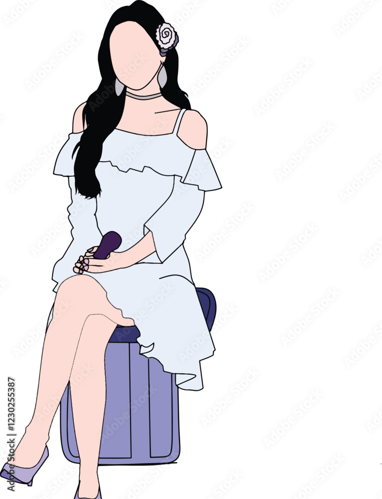 The hand-drawn digital artwork features a stylish woman in a frilly dress,sitting on a chair,and holding a microphone.The simple design emphasizes the elegance and artistic style of the concept.