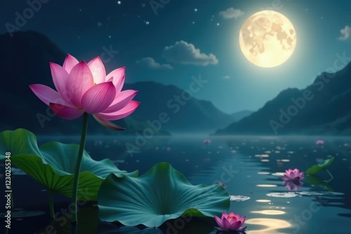 Lotus flowers sway gently in the moon's soft light, melodious, lotus, soothing photo