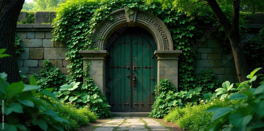Lush foliage and vines covering an ancient, mysterious door, foliage, ancient Lush foliage and vines covering an ancient, mysterious door, foliage, ancient
