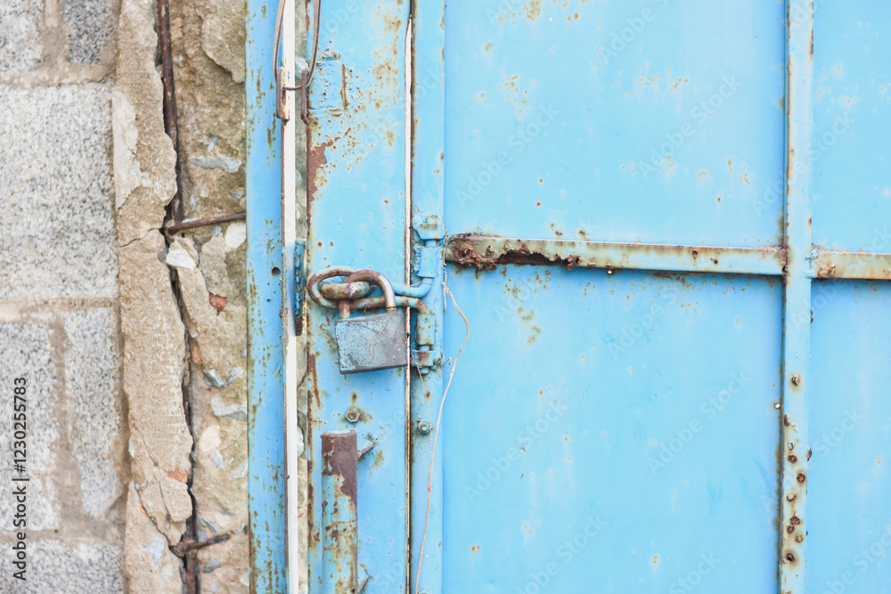 close-up view of a blue metal door with significant rust and corrosion. The door is secured with a rusty padlock and has a metal latch. close-up view of a blue metal door with significant rust and corrosion. The door is secured with a rusty padlock and has a metal latch.