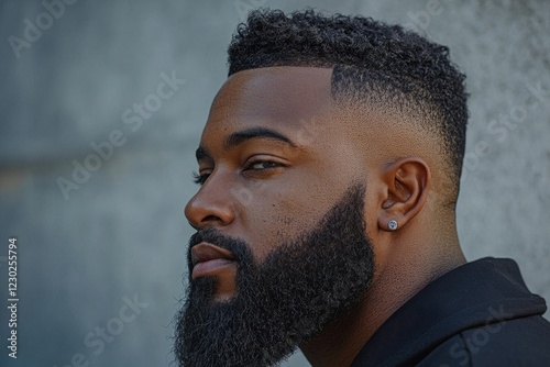 Stylish black man with modern haircut and full beard posing in front of gray wall