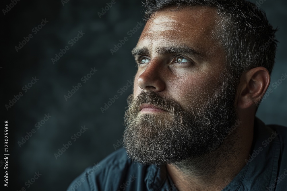 Portrait of a bearded man looking up, expressing thoughtfulness and contemplation Portrait of a bearded man looking up, expressing thoughtfulness and contemplation