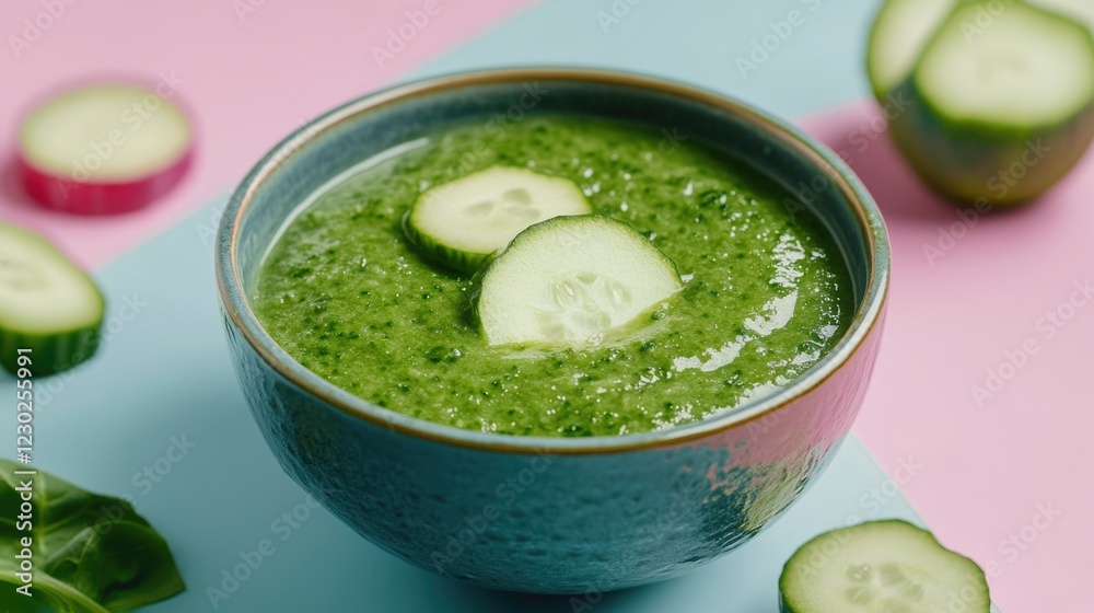 A refreshing and healthy green smoothie served in a vibrant bowl, made with fresh cucumbers and other nutrient-rich ingredients. A refreshing and healthy green smoothie served in a vibrant bowl, made with fresh cucumbers and other nutrient-rich ingredients.