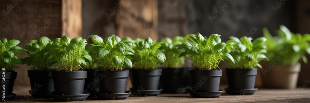 Multiple basil seedlings arranged in a small potted house planter, basil seeds, indoor plants Multiple basil seedlings arranged in a small potted house planter, basil seeds, indoor plants