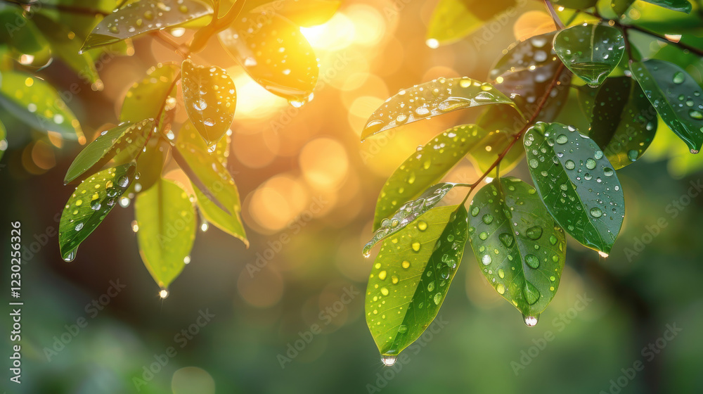 refreshing close up shot of green leaves with water droplets glistening in sunlight, creating serene and vibrant atmosphere refreshing close up shot of green leaves with water droplets glistening in sunlight, creating serene and vibrant atmosphere