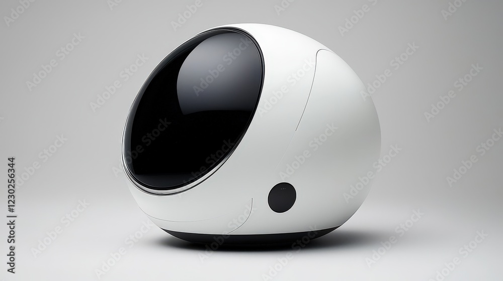 Futuristic spherical device with glossy black surface and smooth white exterior on a minimalist background Futuristic spherical device with glossy black surface and smooth white exterior on a minimalist background