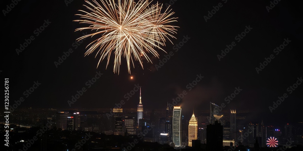 New Year's Eve celebration with fireworks exploding in the sky over a cityscape at midnight, fireworks explosion, party scene, urban landscape New Year's Eve celebration with fireworks exploding in the sky over a cityscape at midnight, fireworks explosion, party scene, urban landscape