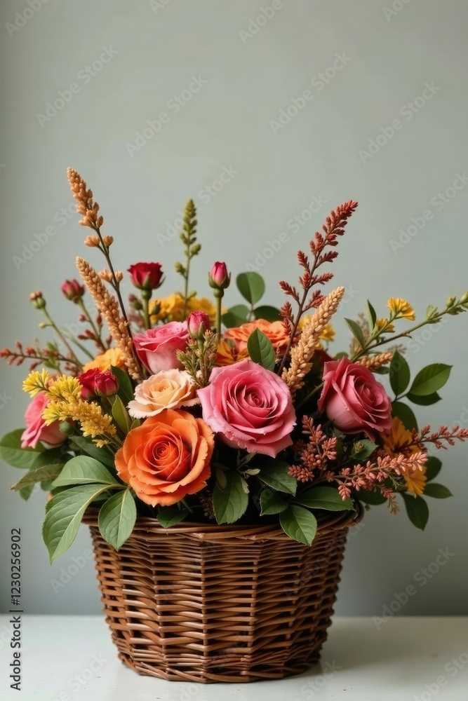 Rustic wicker basket filled with dried flowers and foliage, arrangement, rustic Rustic wicker basket filled with dried flowers and foliage, arrangement, rustic