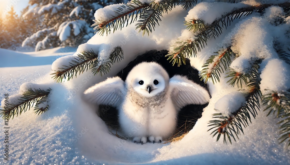 Obraz premium A cute snowy owl chick peeking out from a snow cave, with one wing extended towards the viewer